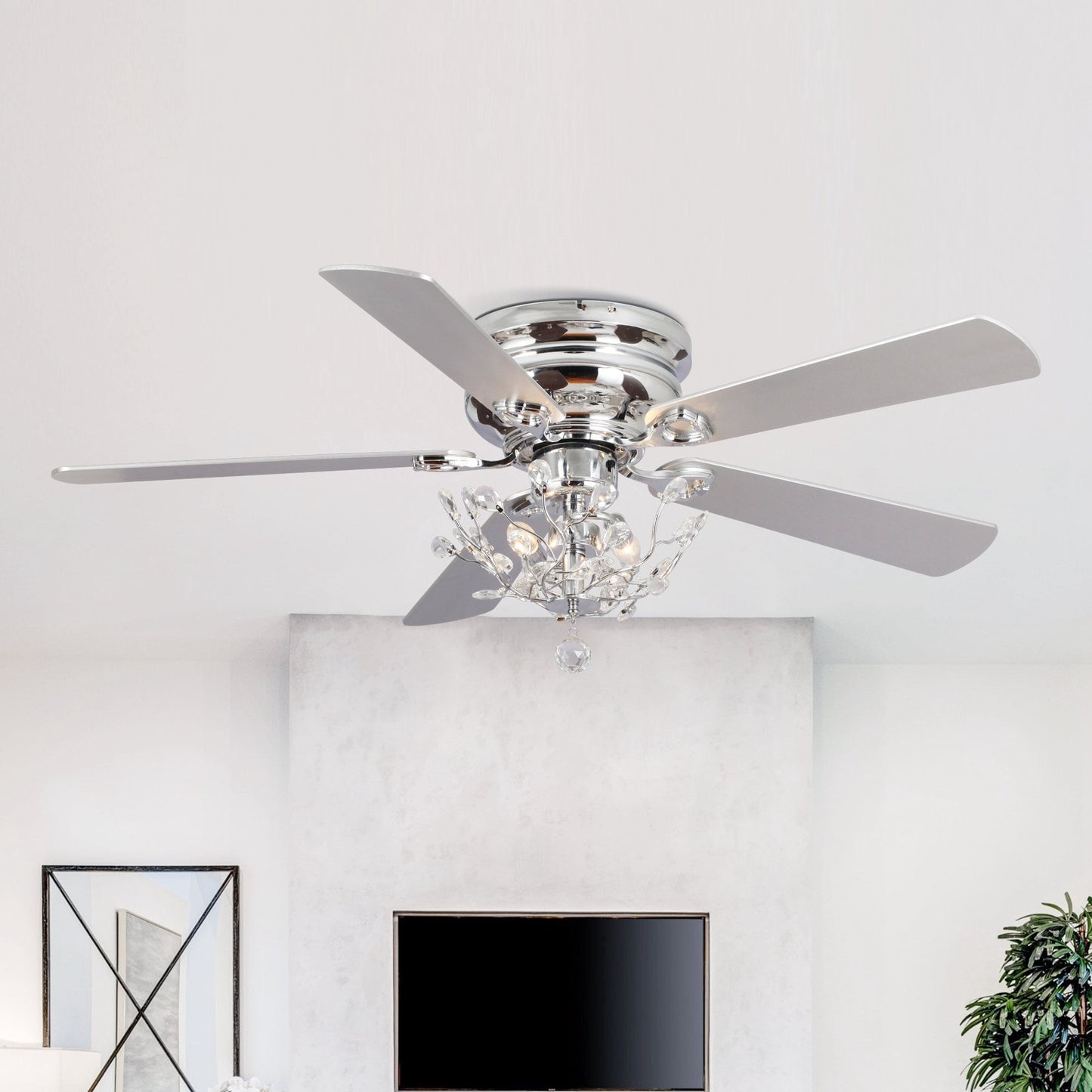 Ventilateur de plafond moderne à 5 pales réversibles, à montage encastré, avec télécommande, 48 pouces, avec cristaux.