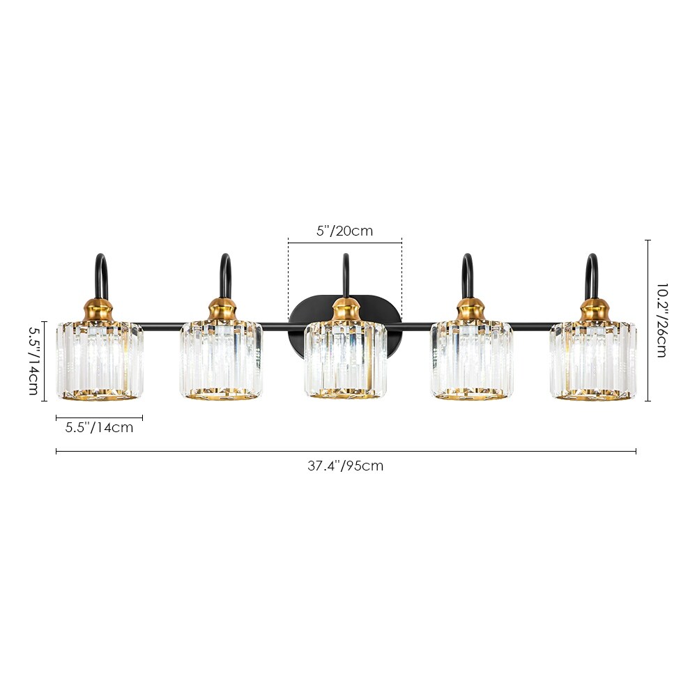 Ensemble de 5 luminaires linéaires à intensité variable pour salle de bain, style glamour, avec abat-jour en cristal cylindrique.