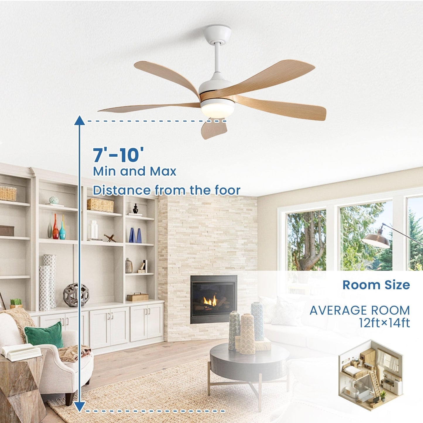 Ventilateur de plafond 52 pouces avec télécommande et éclairage, moteur DC silencieux, 5 pales, haut débit d'air, design moderne.