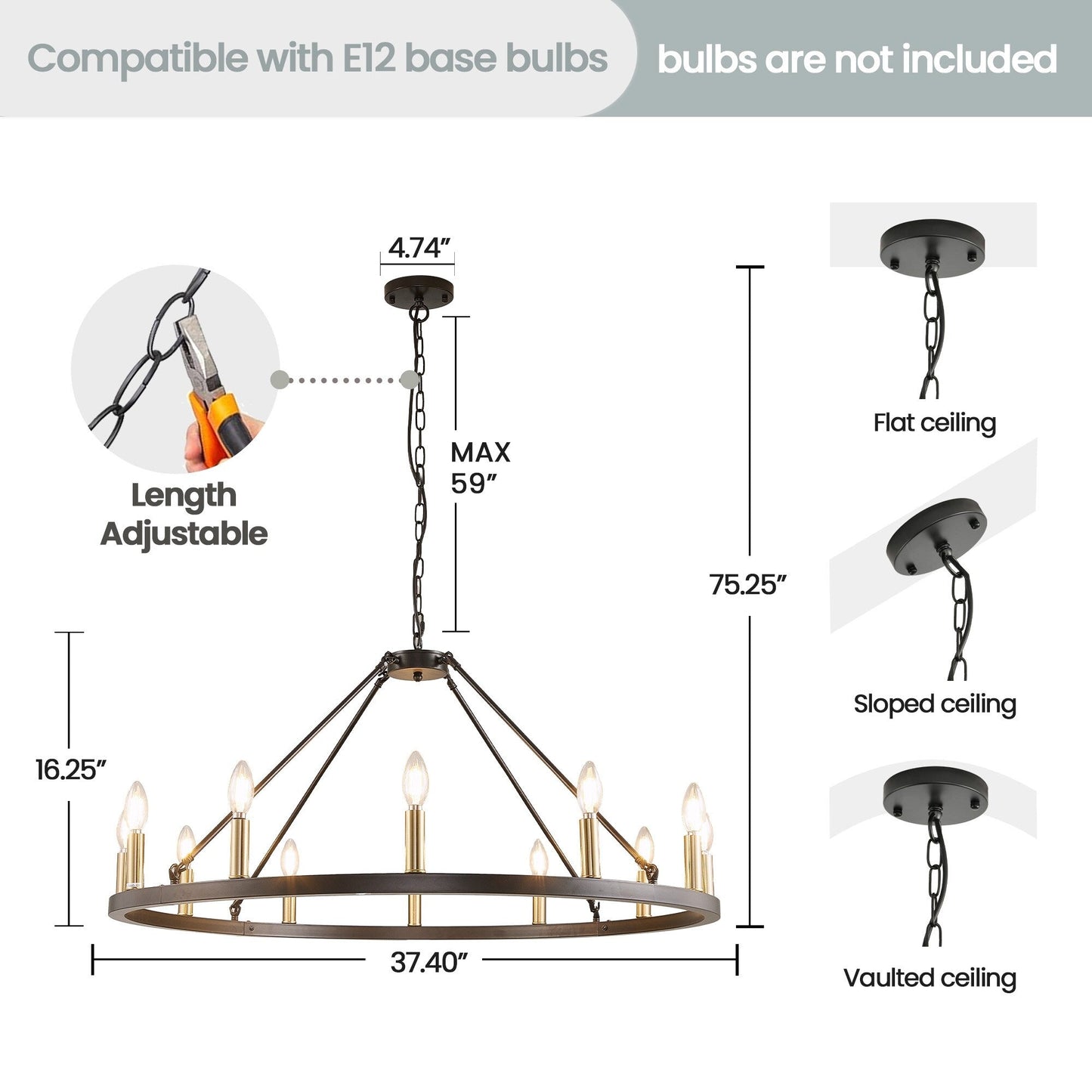 Luminaire à 24 lumières en forme de roue de chariot ronde de 54 pouces