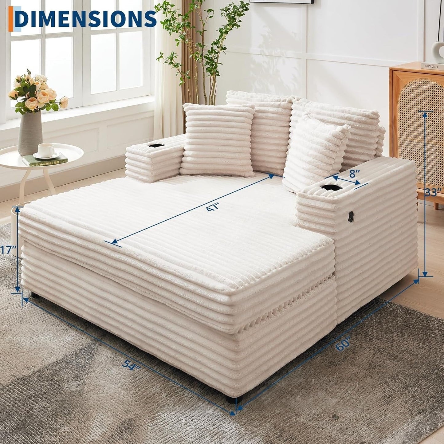 Canapé-lit rembourré de 54 pouces avec coussins et accoudoirs, fauteuil de salon surdimensionné confortable en velours côtelé pour intérieur.