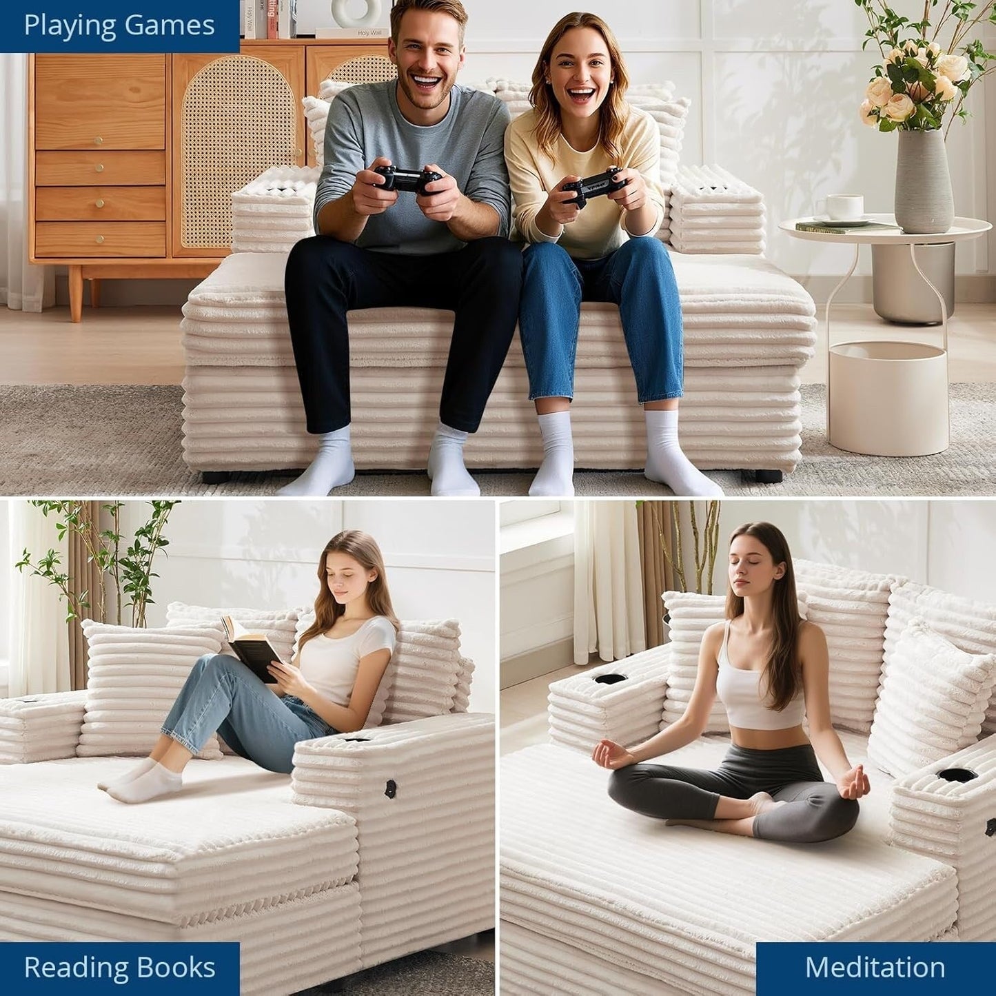 Canapé-lit rembourré de 54 pouces avec coussins et accoudoirs, fauteuil de salon surdimensionné confortable en velours côtelé pour intérieur.