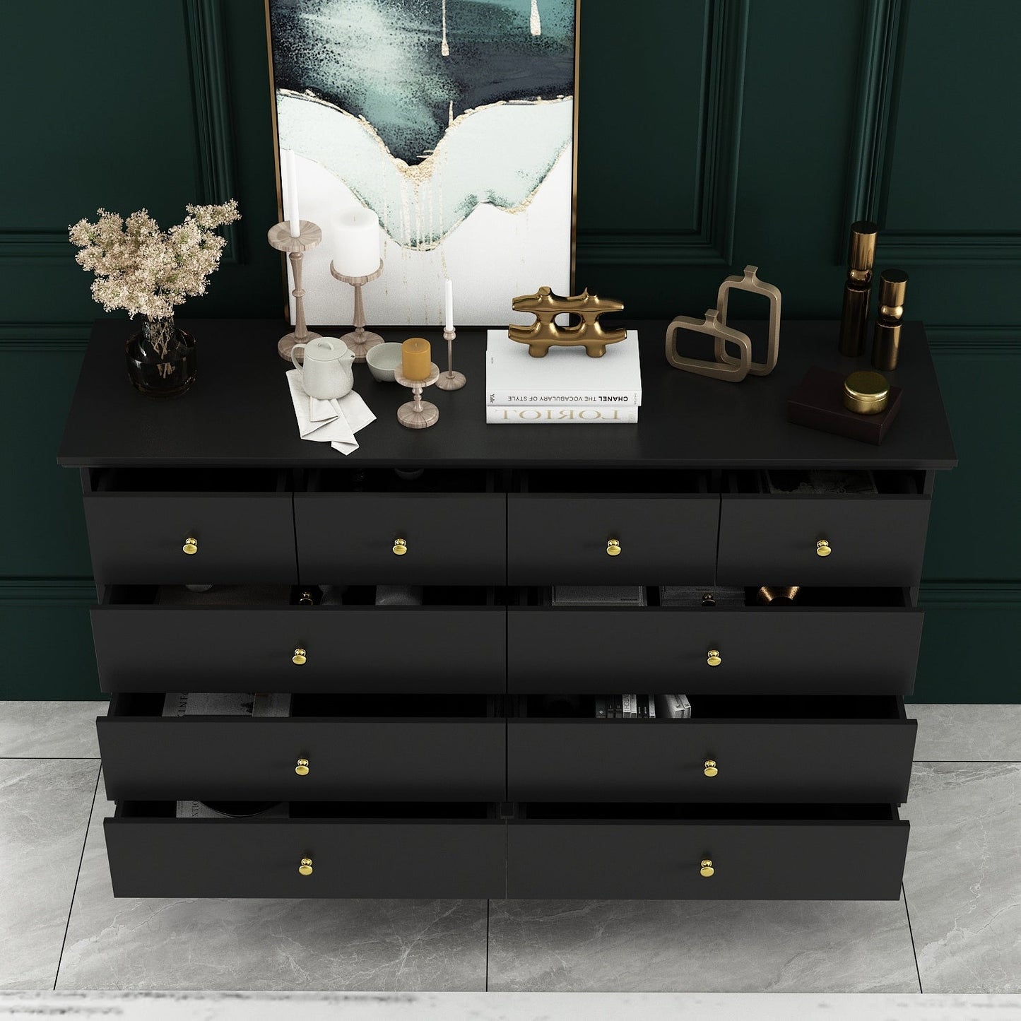 Commode de chambre à coucher double de 135 cm de large avec tiroirs de rangement