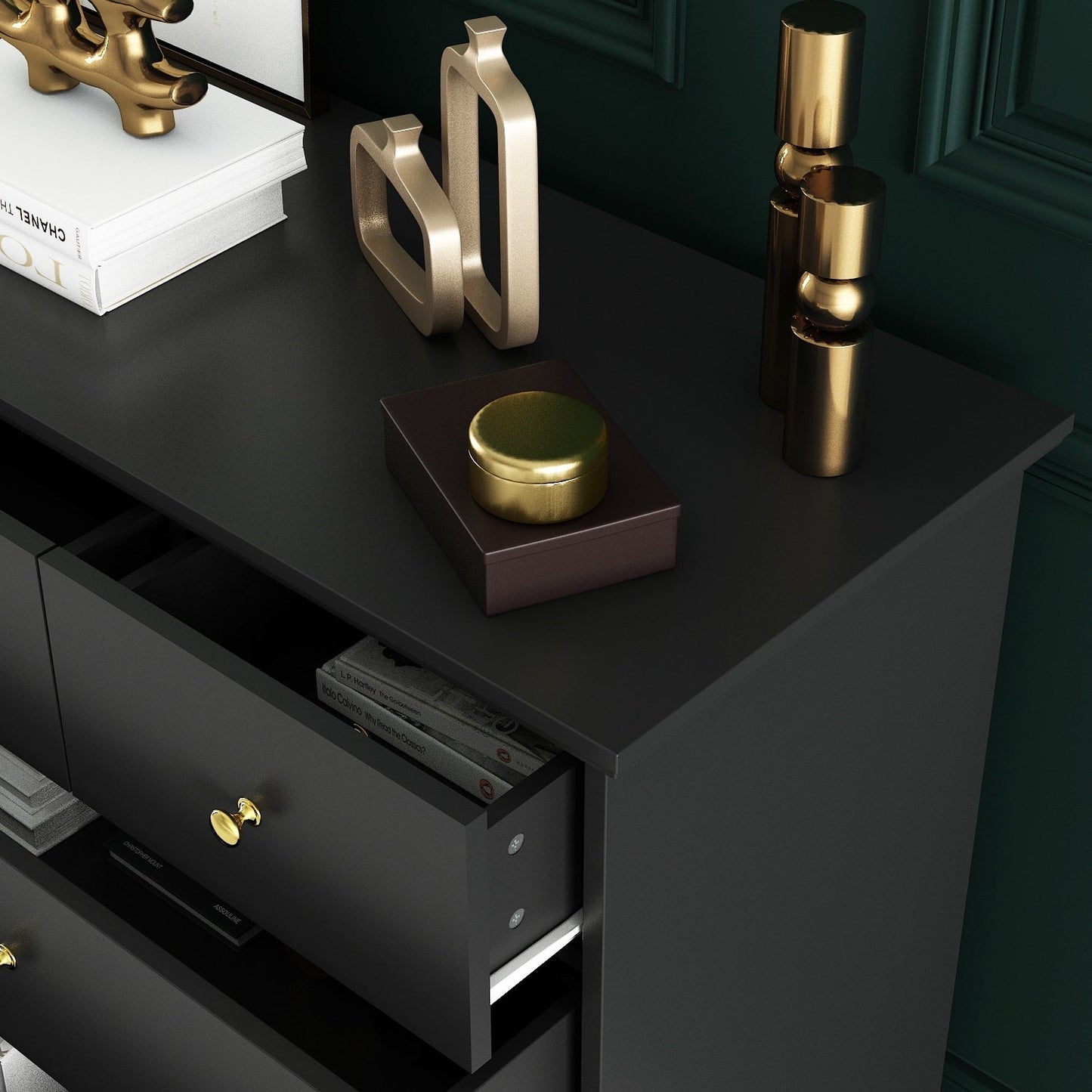 Commode de chambre à coucher double de 135 cm de large avec tiroirs de rangement