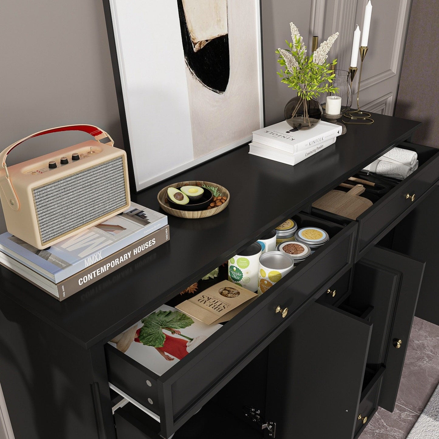 Buffet de rangement blanc laqué, style moderne contemporain du milieu du siècle, 59,1 pouces