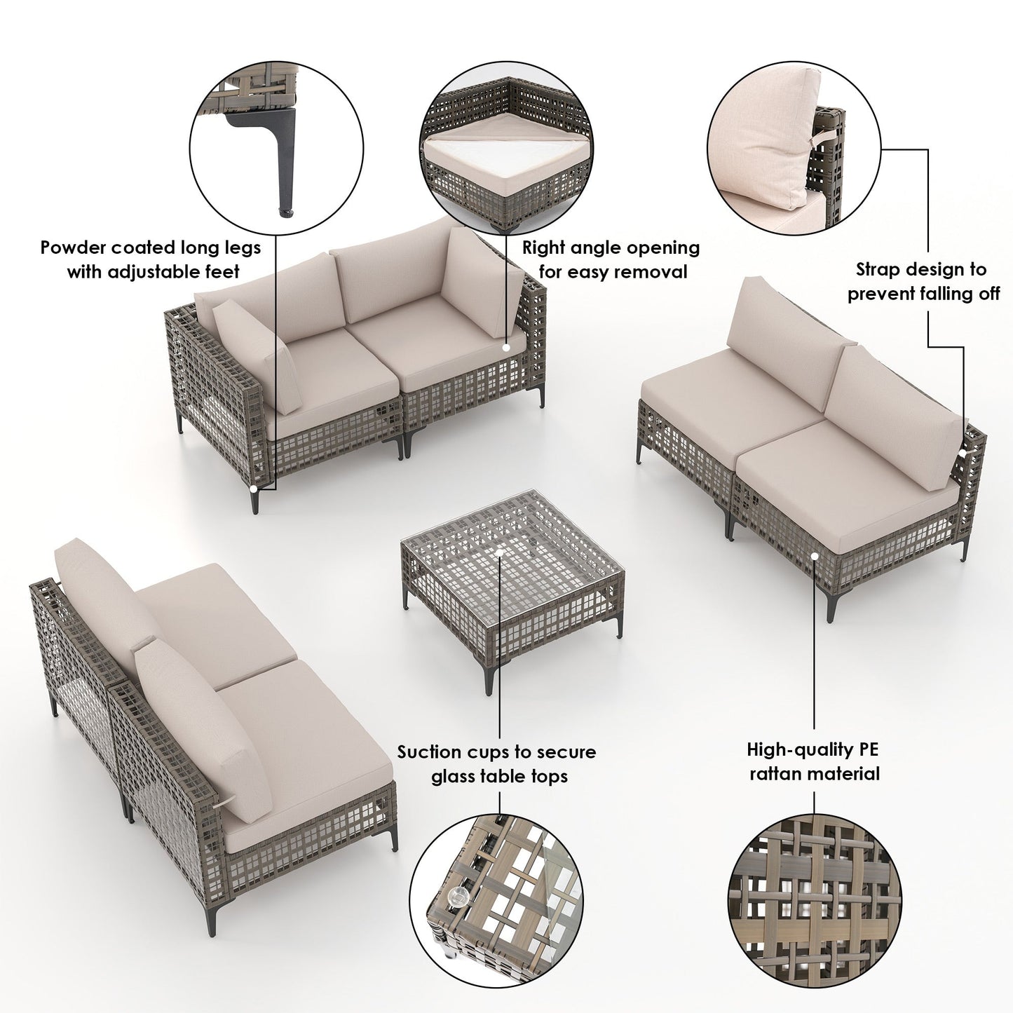 Ensemble de canapés modulaires d'extérieur pour 6 personnes avec coussins