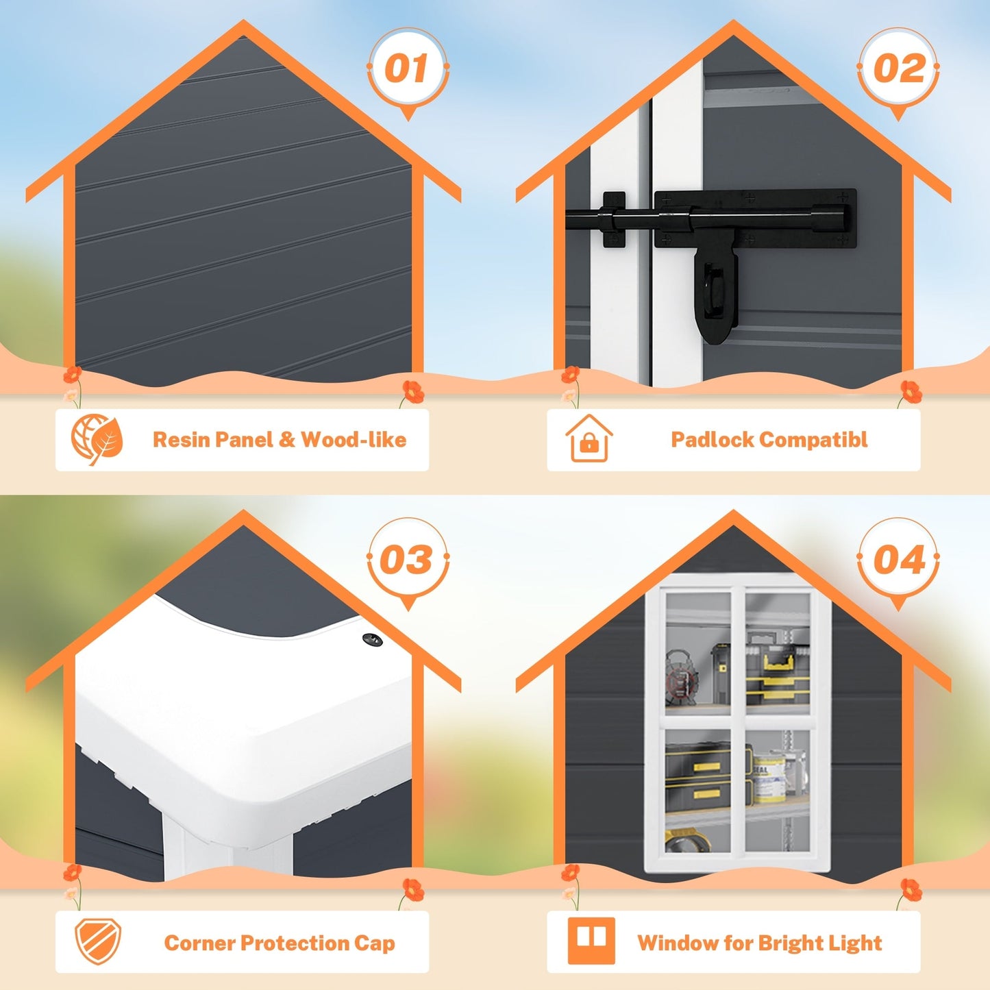 Abri de jardin en résine pour extérieur, résistant aux intempéries, avec plancher, modèle Spire Tool Shed, dimensions : 6 pi x 4 pi / 6 pi x 8 pi / 8 pi x 6 pi / 8 pi x 10 pi