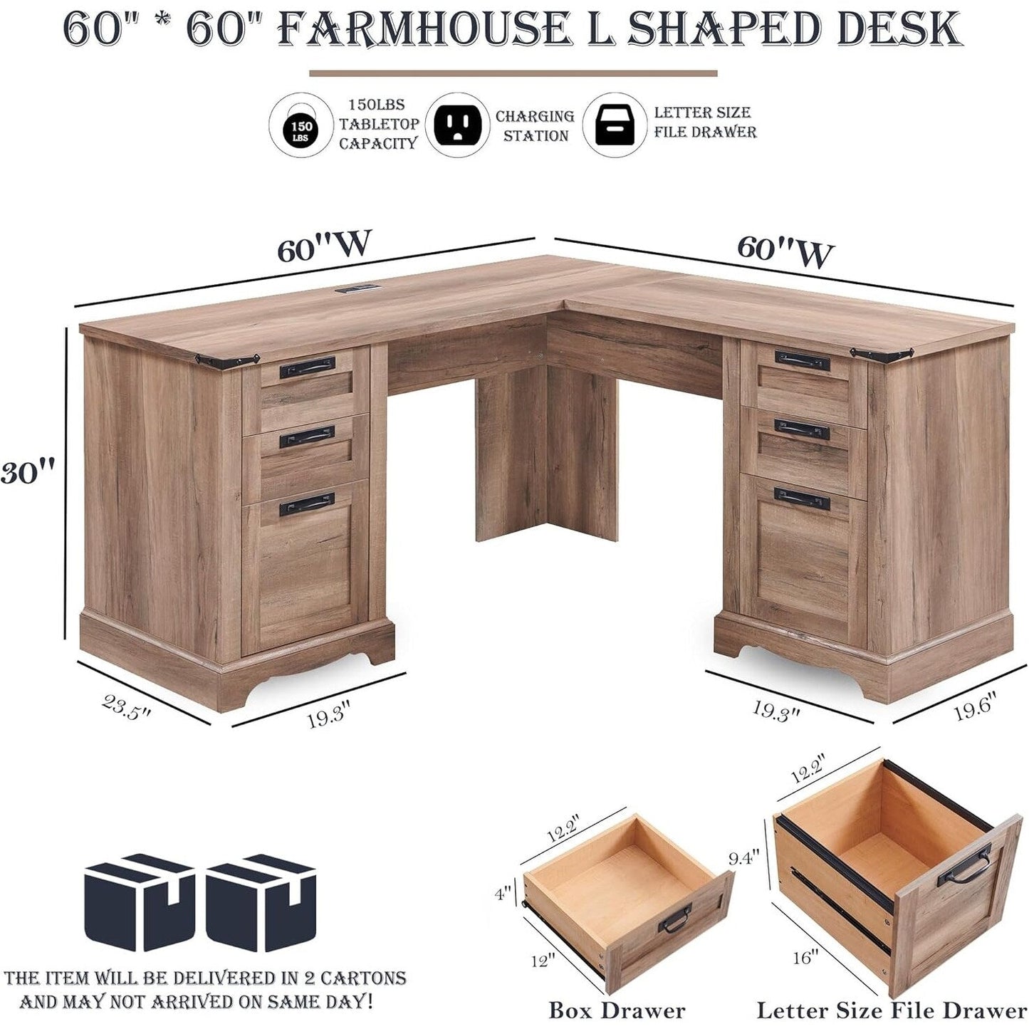 Bureau de direction en forme de L de style farmhouse, bureau d'angle en bois, bureau d'ordinateur