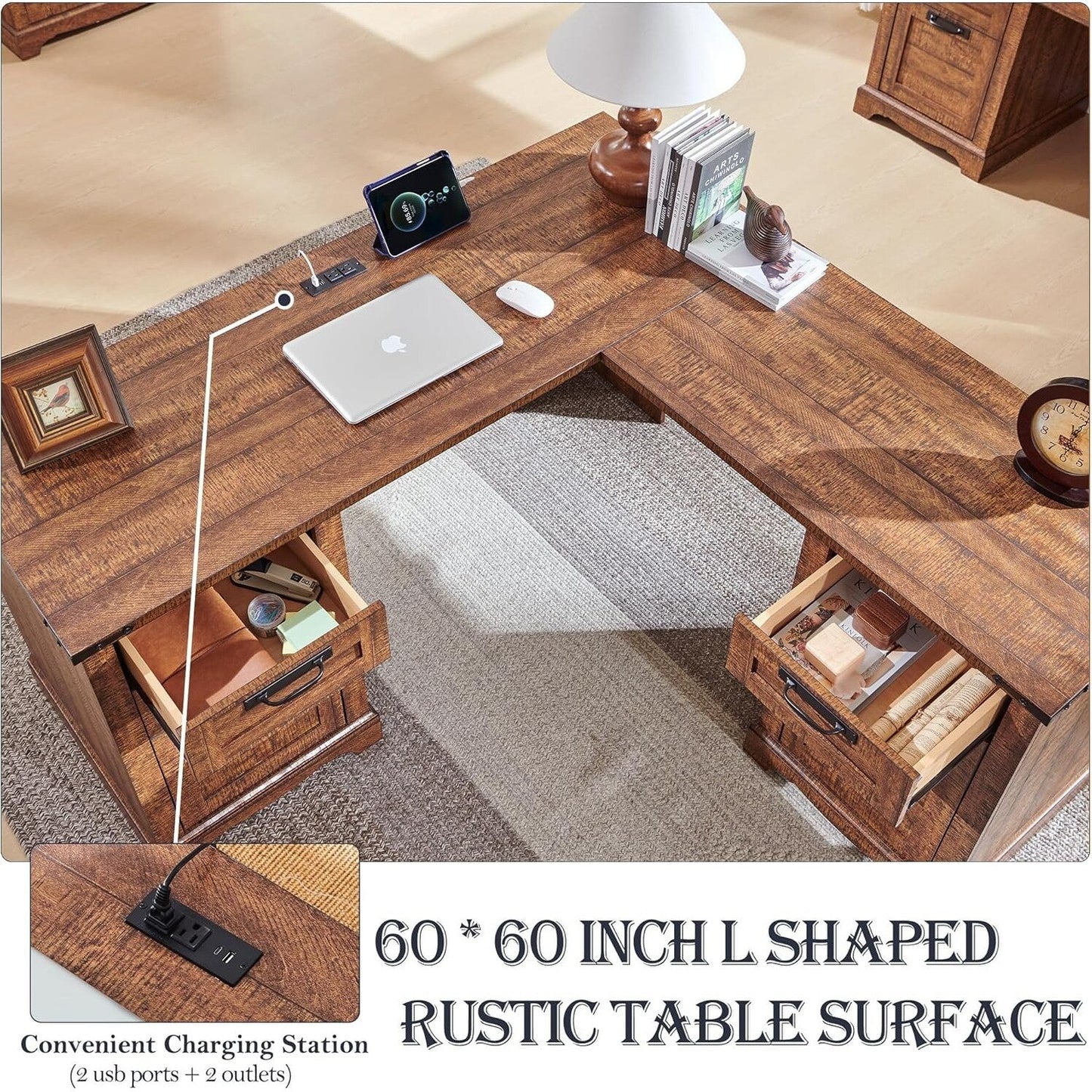 Bureau de direction en forme de L de style farmhouse, bureau d'angle en bois, bureau d'ordinateur