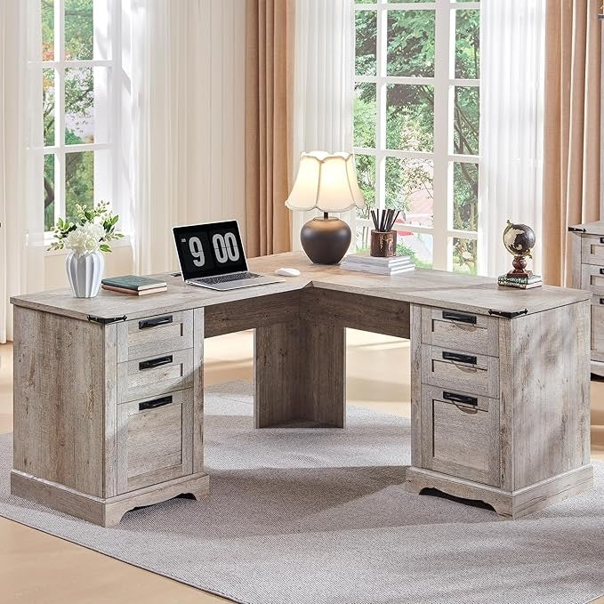 Bureau de direction en forme de L de style farmhouse, bureau d'angle en bois, bureau d'ordinateur