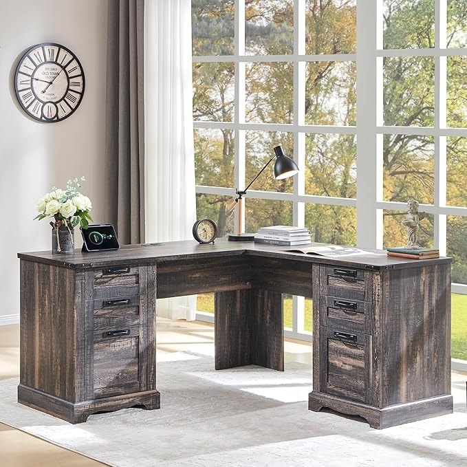 Bureau de direction en forme de L de style farmhouse, bureau d'angle en bois, bureau d'ordinateur