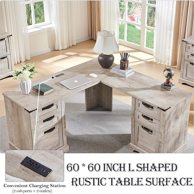 Bureau de direction en forme de L de style farmhouse, bureau d'angle en bois, bureau d'ordinateur