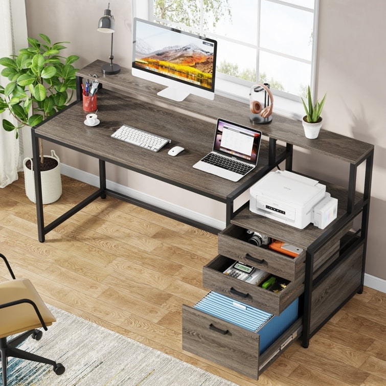 Bureau d'ordinateur de 63 pouces avec support de moniteur, bureau de travail ergonomique pour la maison avec tiroirs et armoire à dossiers.