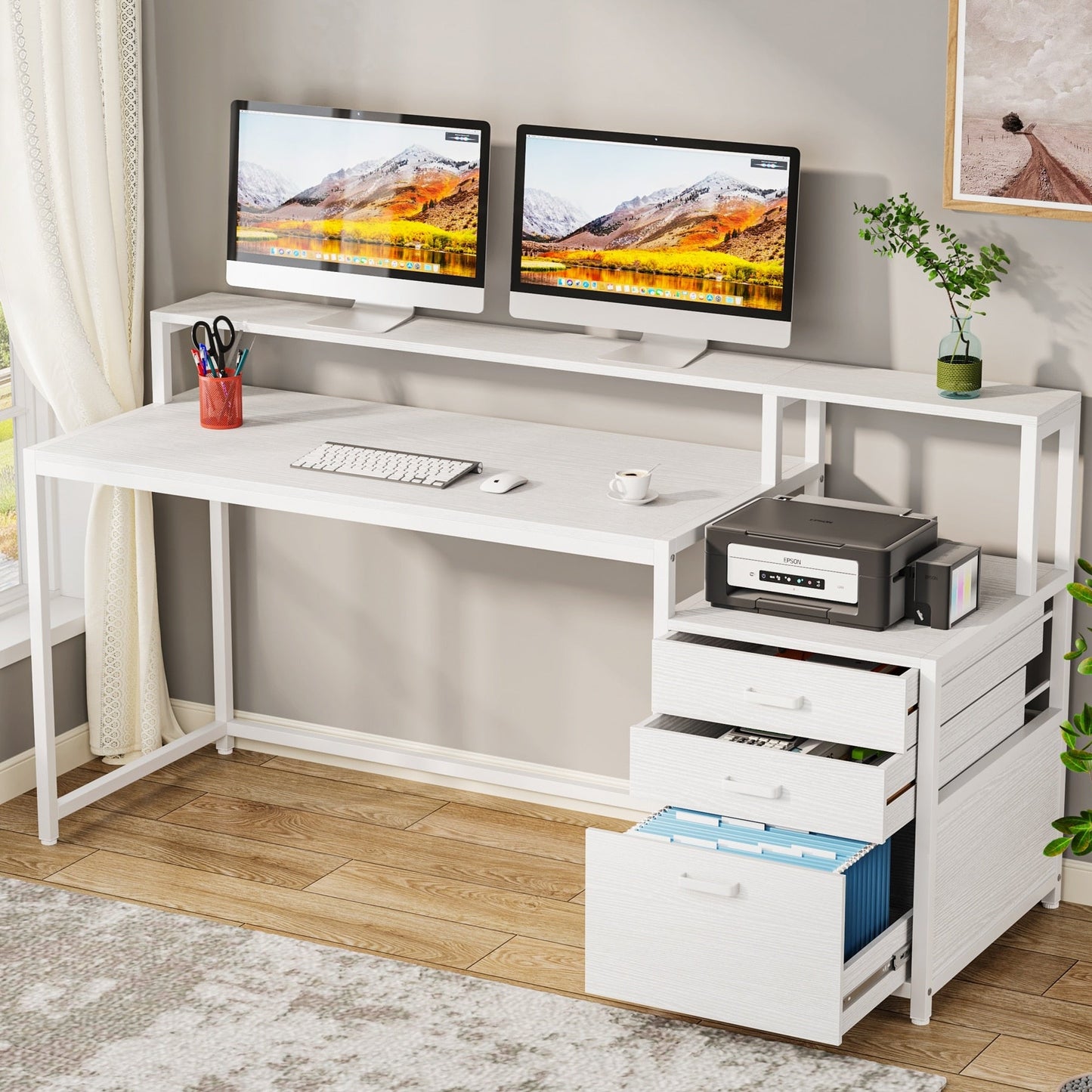 Bureau d'ordinateur de 63 pouces avec support de moniteur, bureau de travail ergonomique pour la maison avec tiroirs et armoire à dossiers.