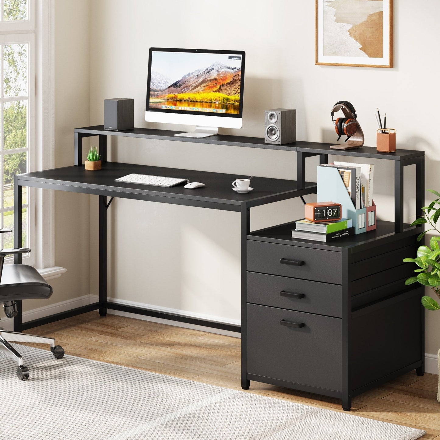 Bureau d'ordinateur de 63 pouces avec support de moniteur, bureau de travail ergonomique pour la maison avec tiroirs et armoire à dossiers.