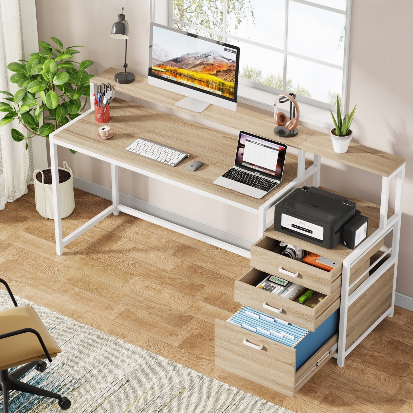 Bureau d'ordinateur de 63 pouces avec support de moniteur, bureau de travail ergonomique pour la maison avec tiroirs et armoire à dossiers.