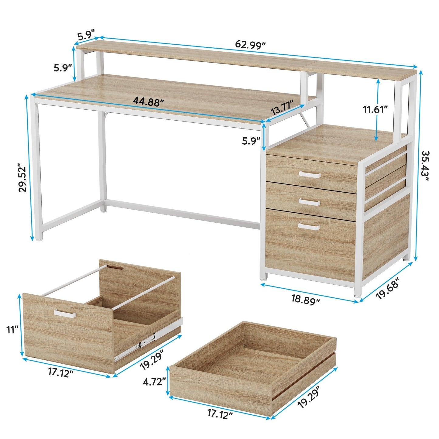 Bureau d'ordinateur de 63 pouces avec support de moniteur, bureau de travail ergonomique pour la maison avec tiroirs et armoire à dossiers.