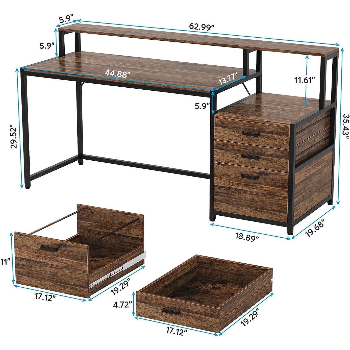 Bureau d'ordinateur de 63 pouces avec support de moniteur, bureau de travail ergonomique pour la maison avec tiroirs et armoire à dossiers.