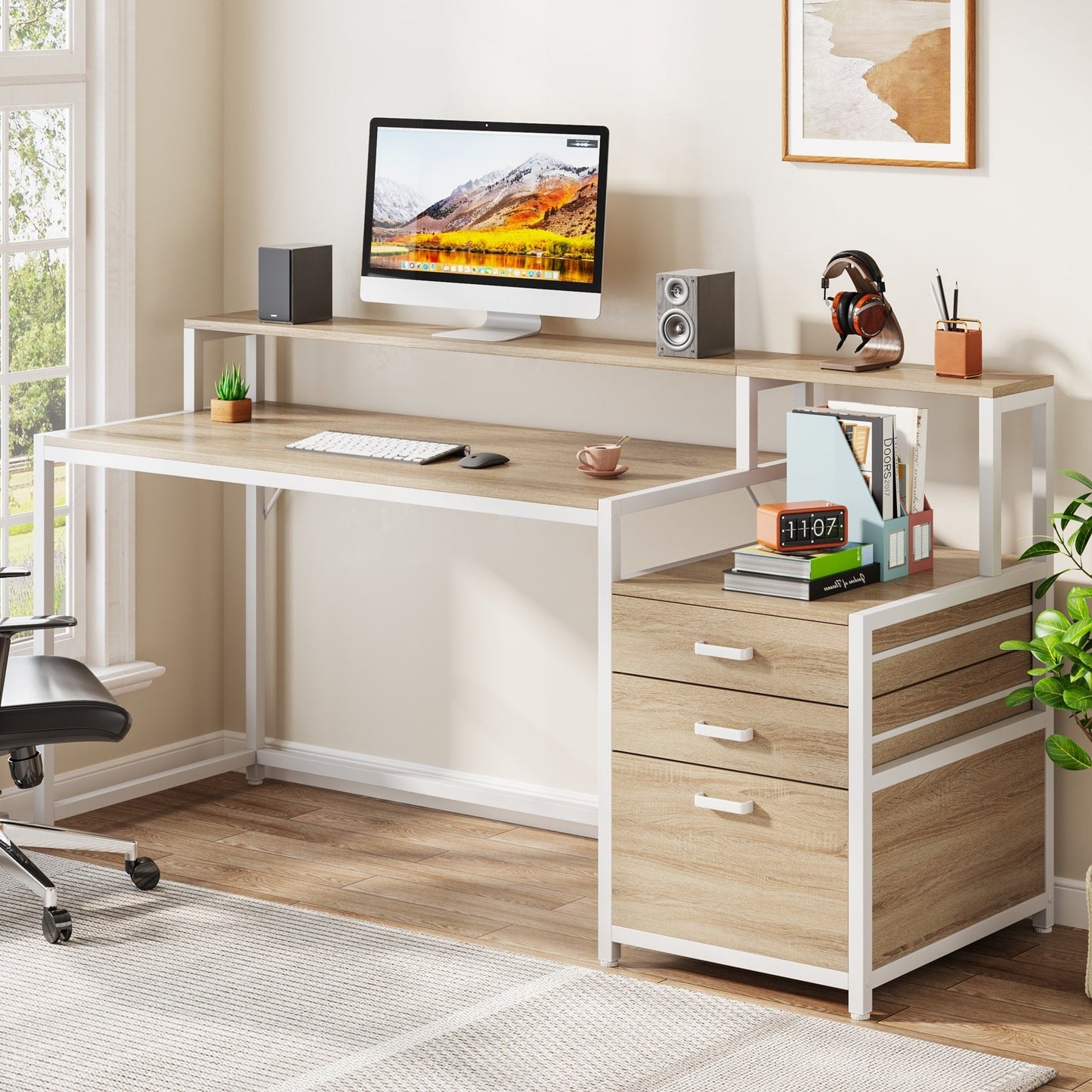 Bureau d'ordinateur de 63 pouces avec support de moniteur, bureau de travail ergonomique pour la maison avec tiroirs et armoire à dossiers.