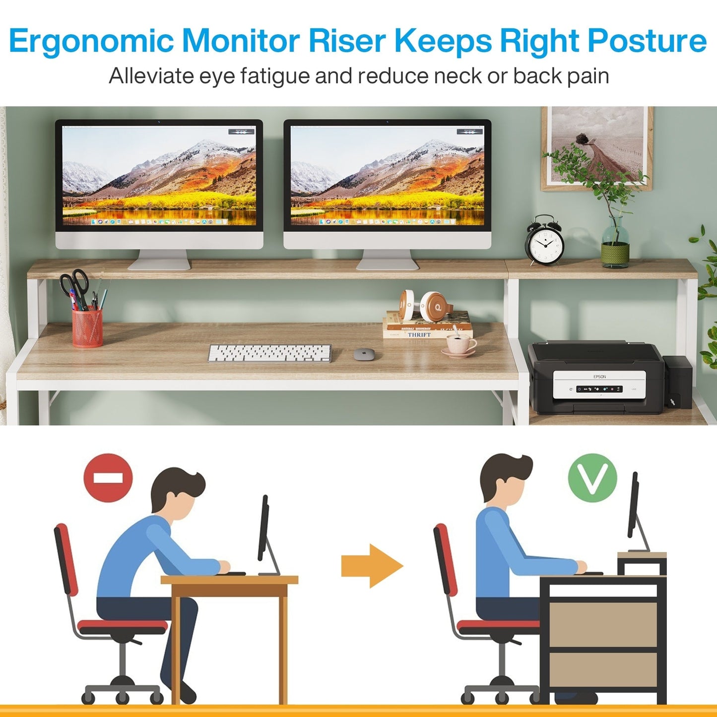 Bureau d'ordinateur de 63 pouces avec support de moniteur, bureau de travail ergonomique pour la maison avec tiroirs et armoire à dossiers.
