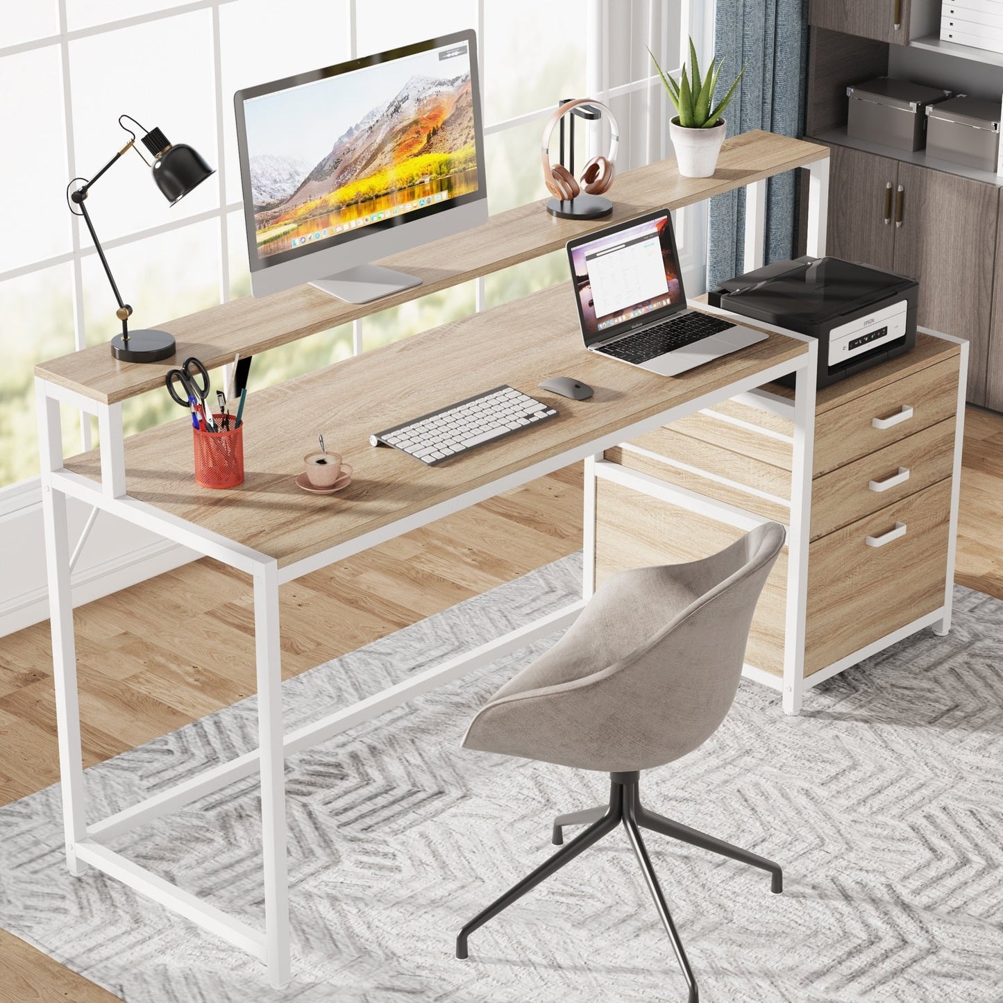 Bureau d'ordinateur de 63 pouces avec support de moniteur, bureau de travail ergonomique pour la maison avec tiroirs et armoire à dossiers.