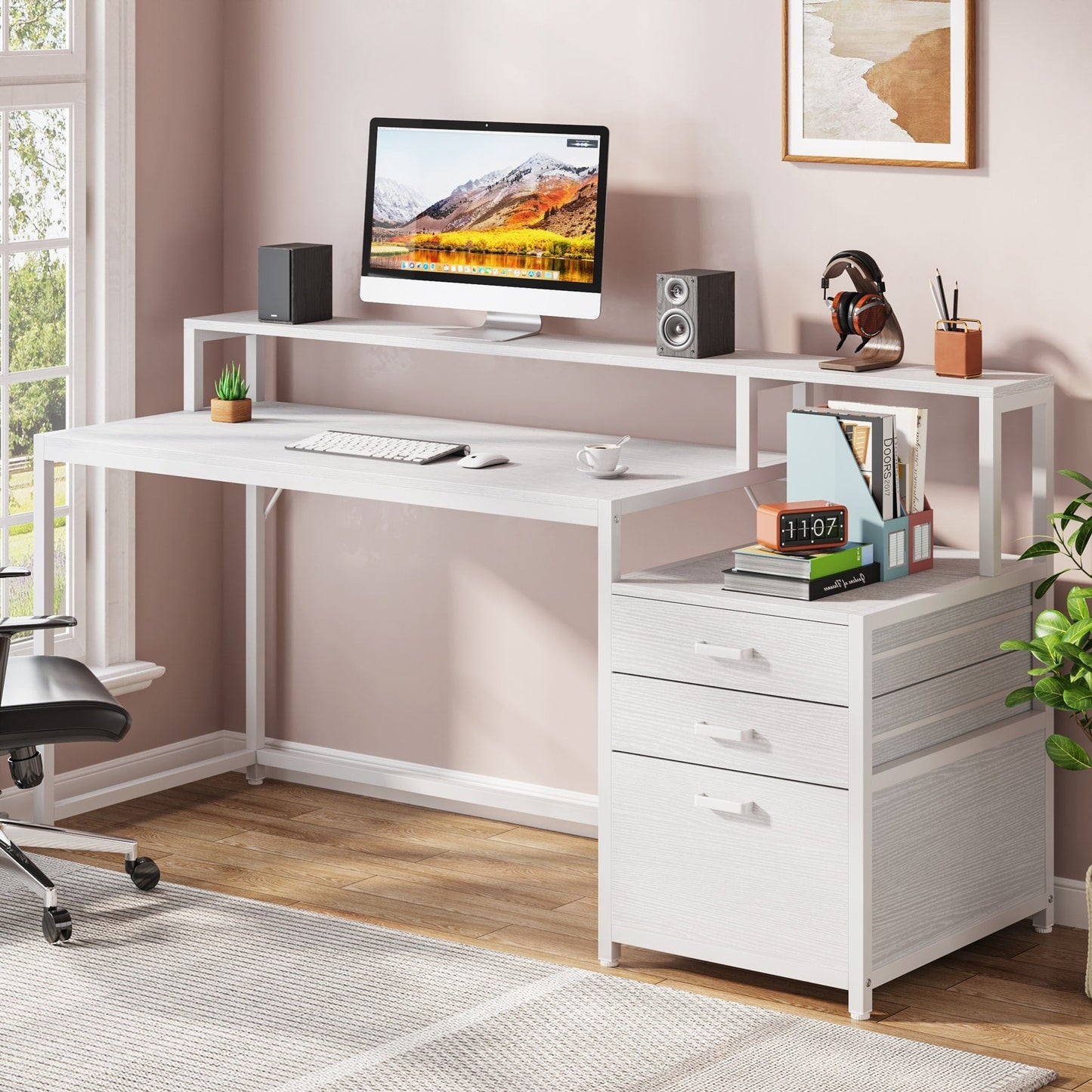 Bureau d'ordinateur de 63 pouces avec support de moniteur, bureau de travail ergonomique pour la maison avec tiroirs et armoire à dossiers.