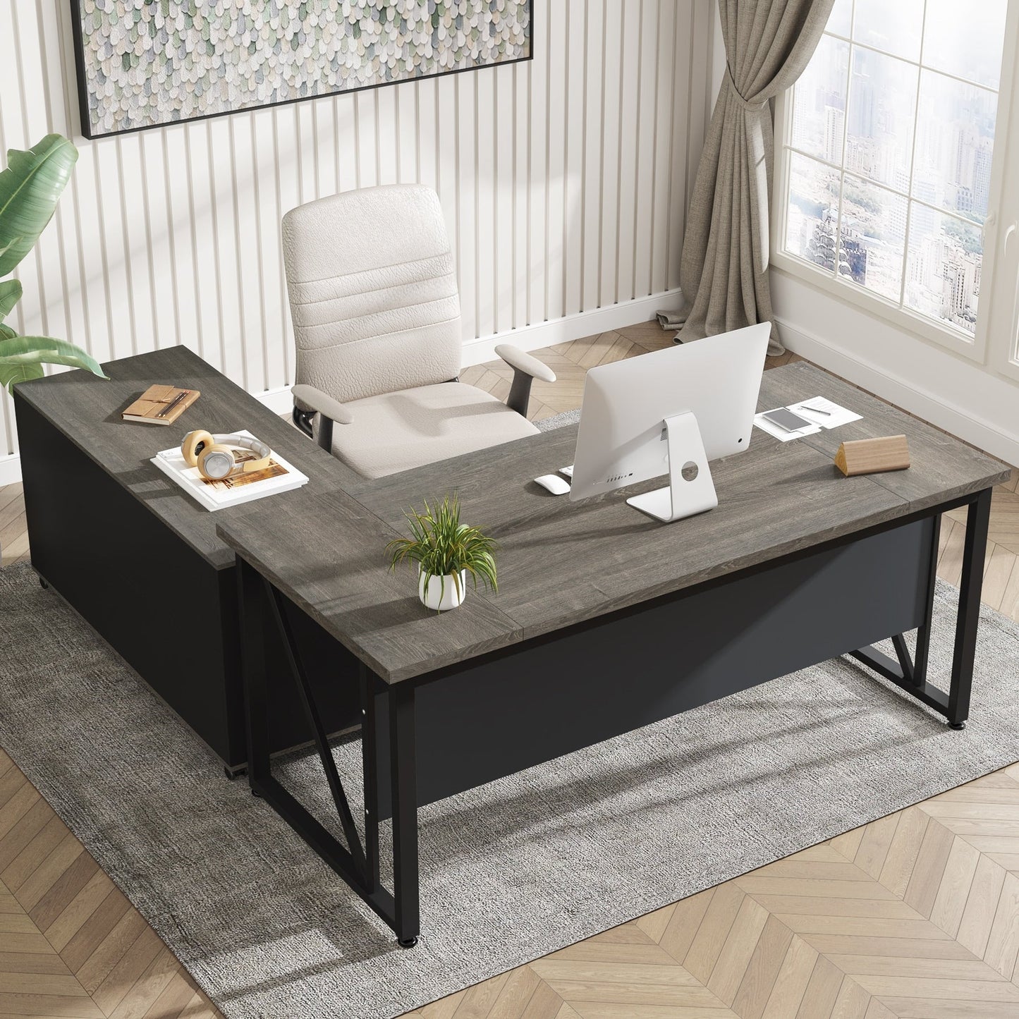 Bureau d'ordinateur en forme de L de 63 pouces avec armoire à dossiers latérale de 47 pouces, ensemble de bureau pour maison et bureau de direction.