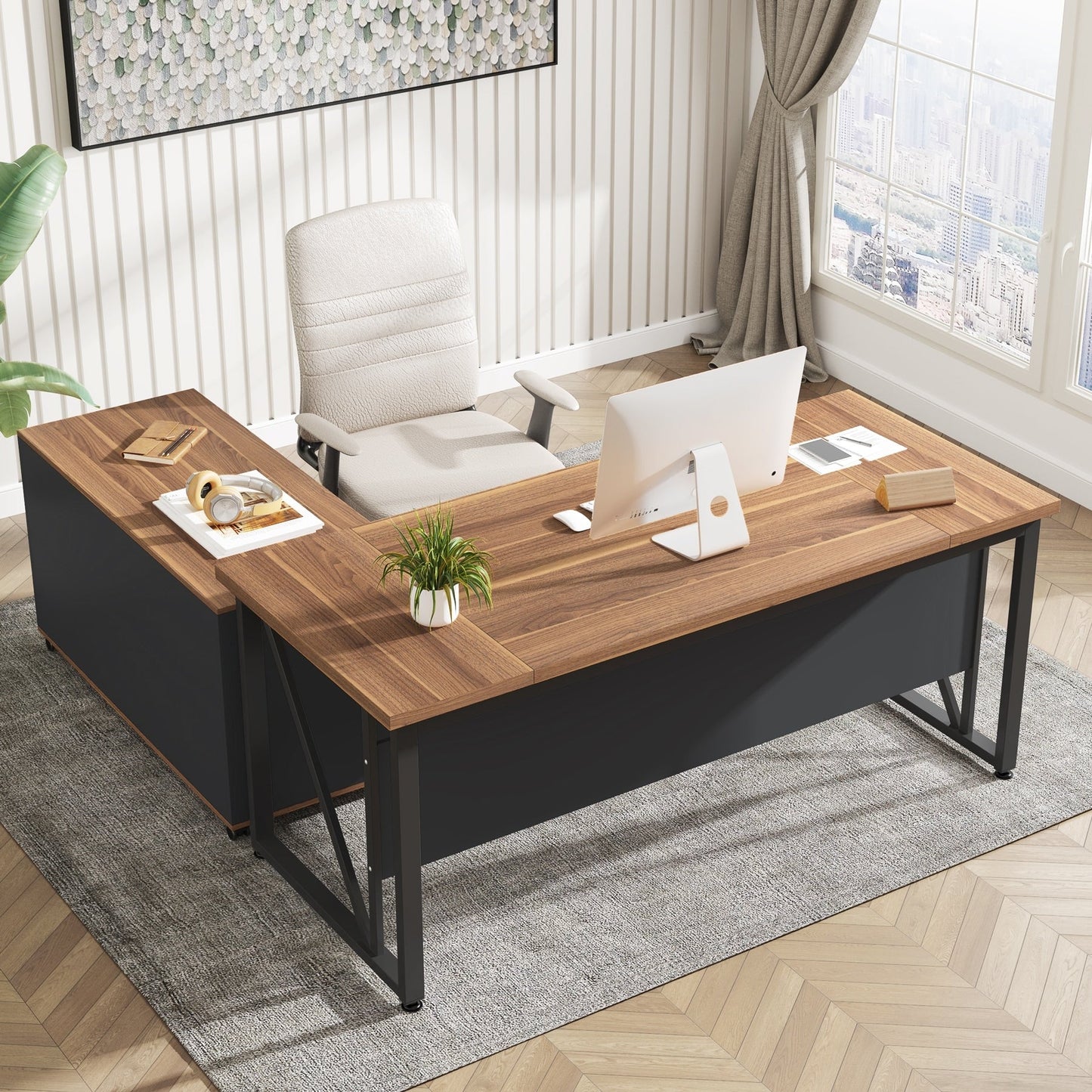 Bureau d'ordinateur en forme de L de 63 pouces avec armoire à dossiers latérale de 47 pouces, ensemble de bureau pour maison et bureau de direction.