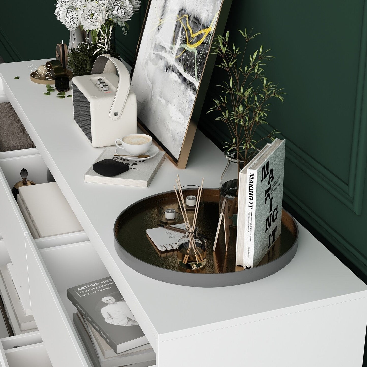 Commode 63W à 9 tiroirs, commode d'appoint pour salon et chambre à coucher.