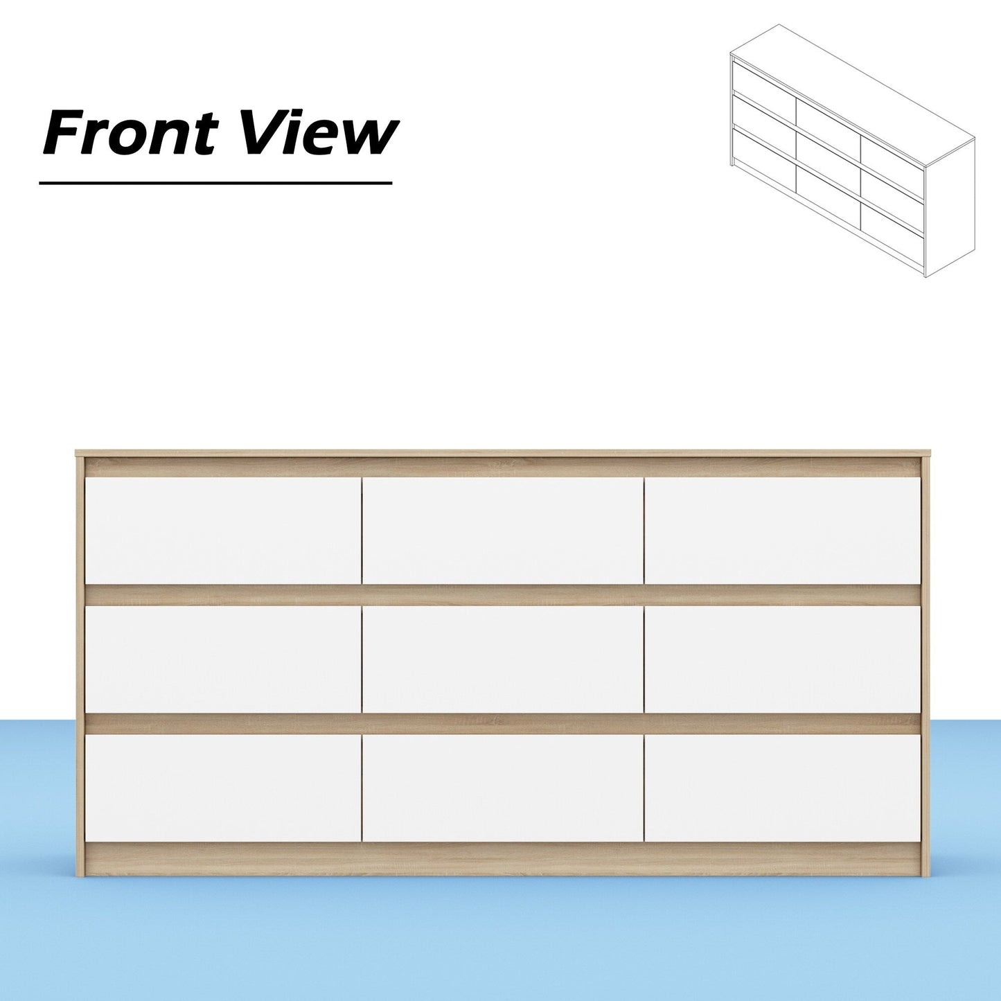 Commode 63W à 9 tiroirs, commode d'appoint pour salon et chambre à coucher.