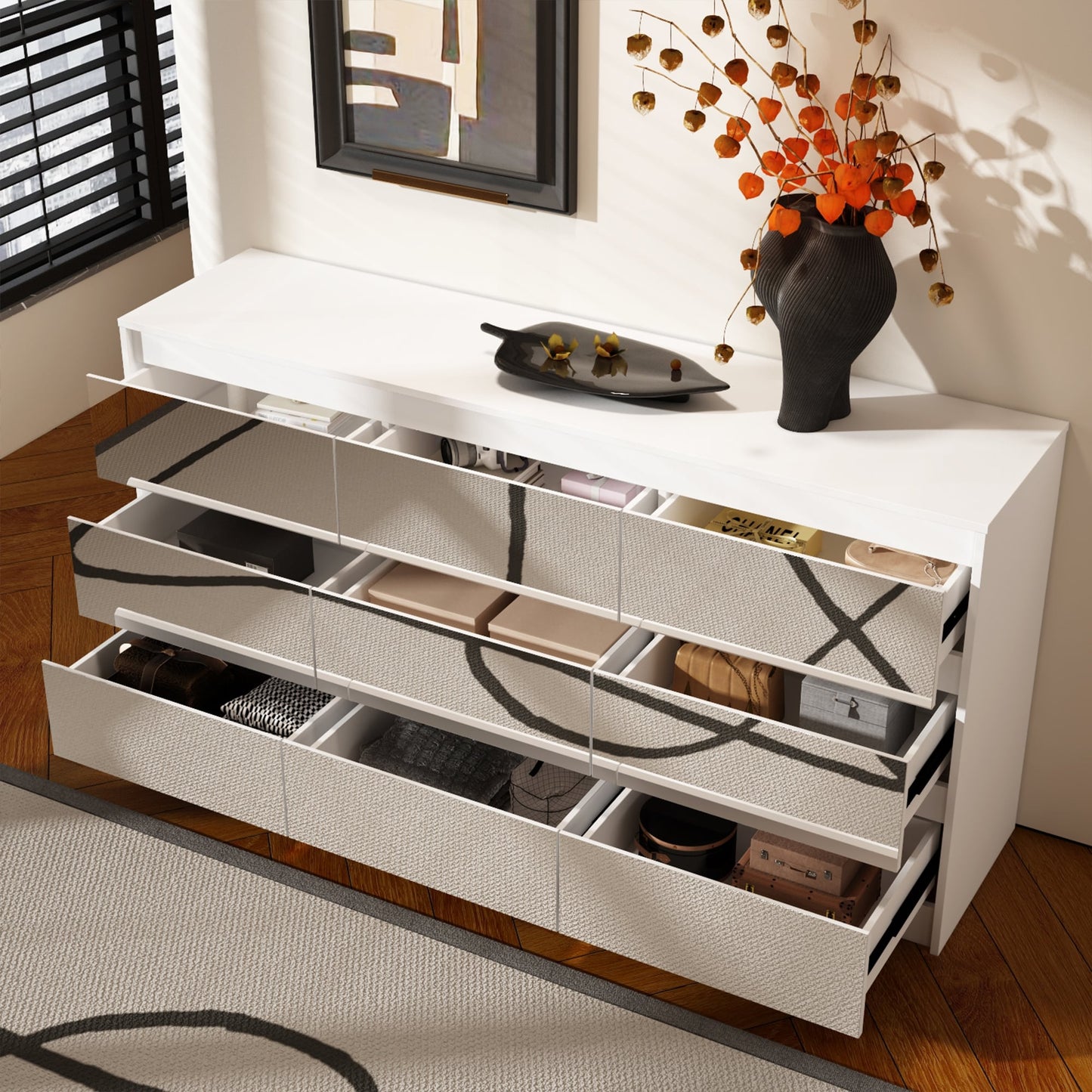 Commode 63W à 9 tiroirs, commode d'appoint pour salon et chambre à coucher.