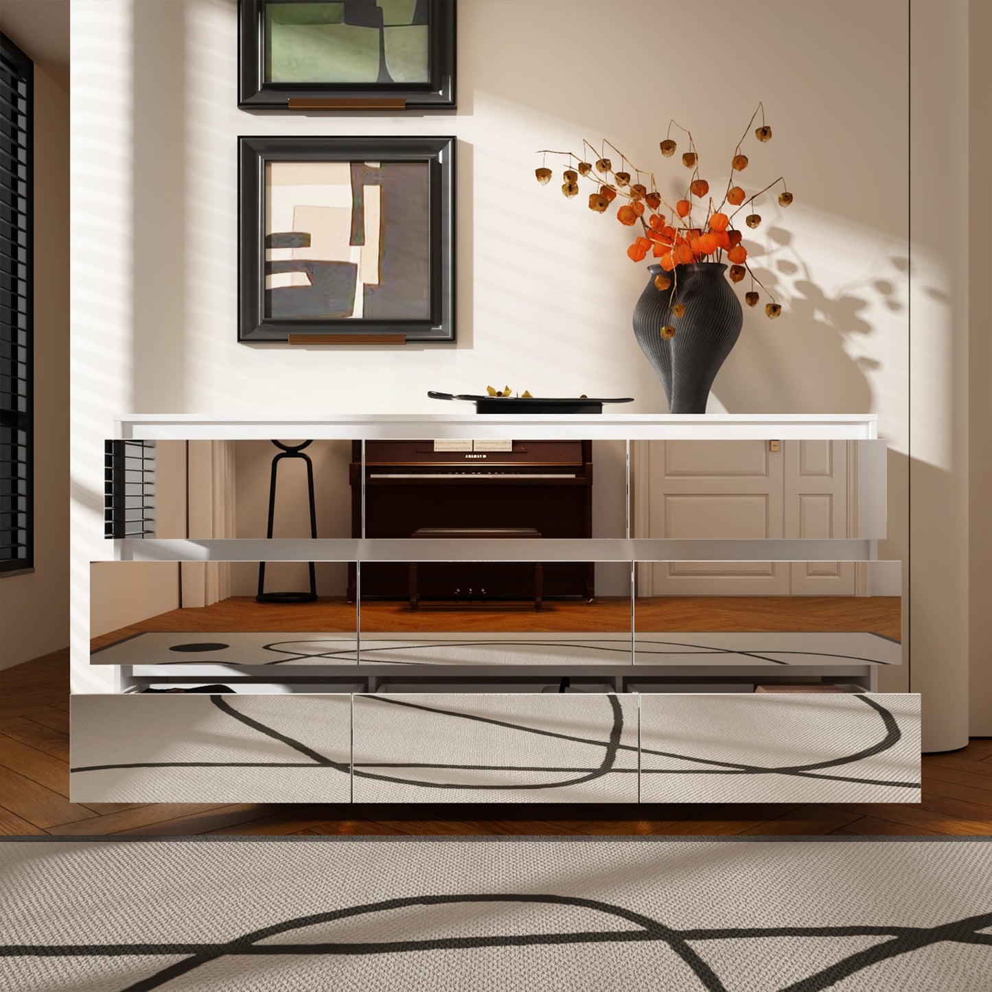 Commode 63W à 9 tiroirs, commode d'appoint pour salon et chambre à coucher.