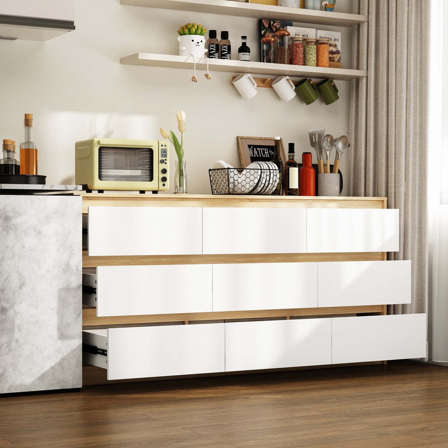 Commode 63W à 9 tiroirs, commode d'appoint pour salon et chambre à coucher.