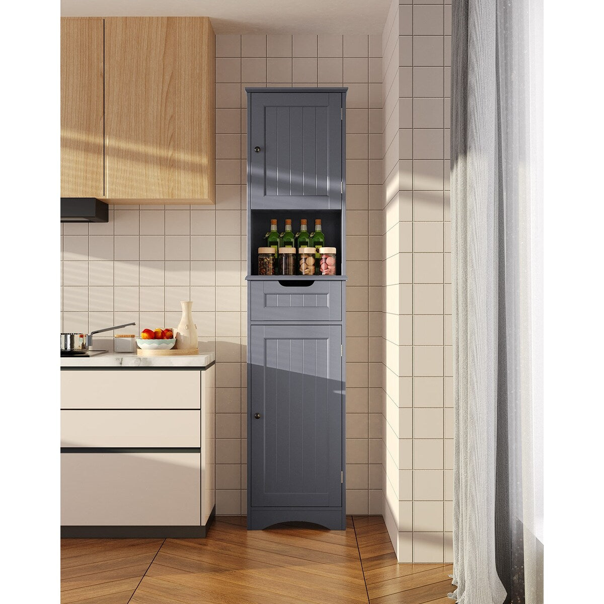 Armoire à linge de salle de bain étroite, 170 cm de hauteur, armoire de rangement à 5 niveaux en bois massif.