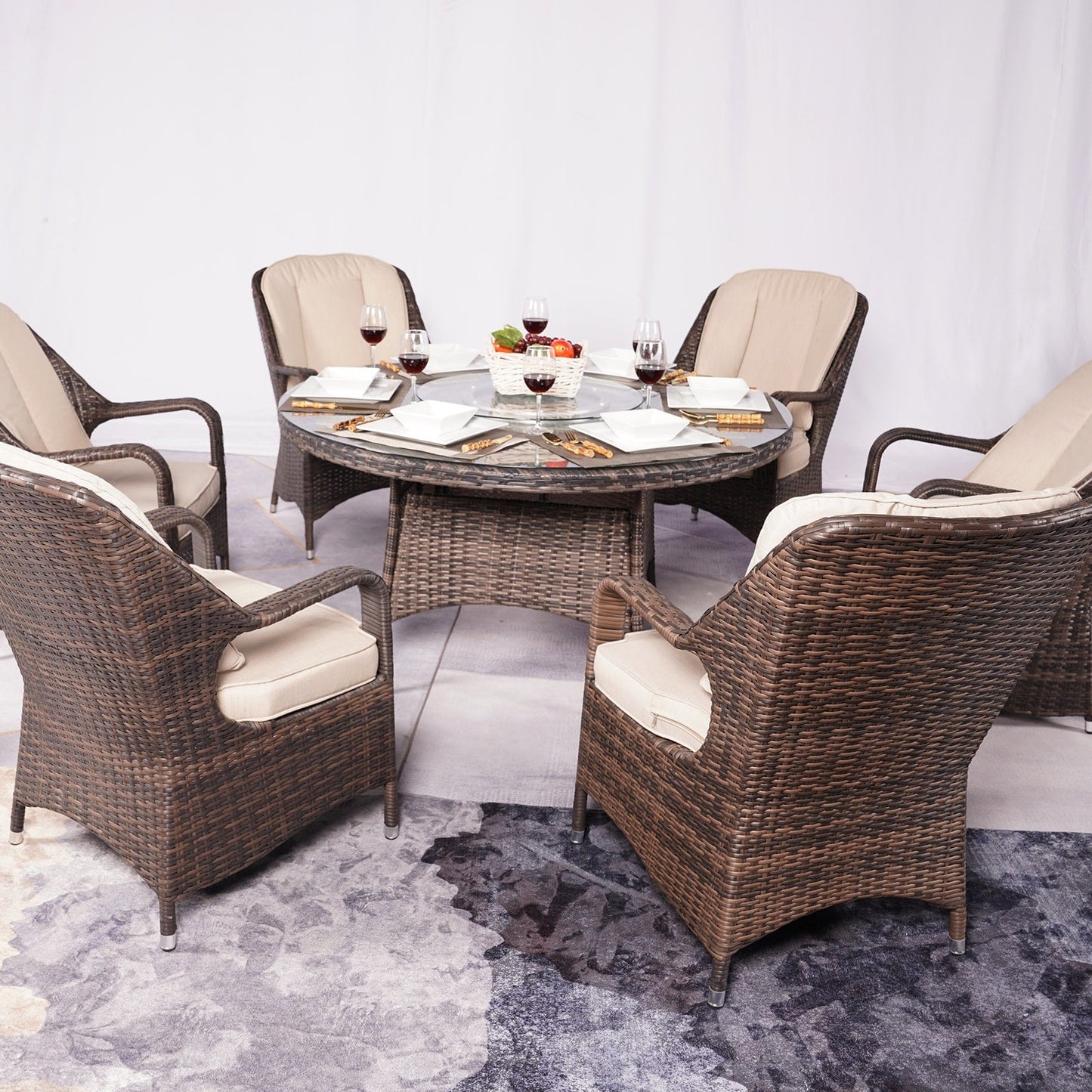 Ensemble de salle à manger rond en rotin pour extérieur, 7 pièces, avec coussins, par Moda Furnishings