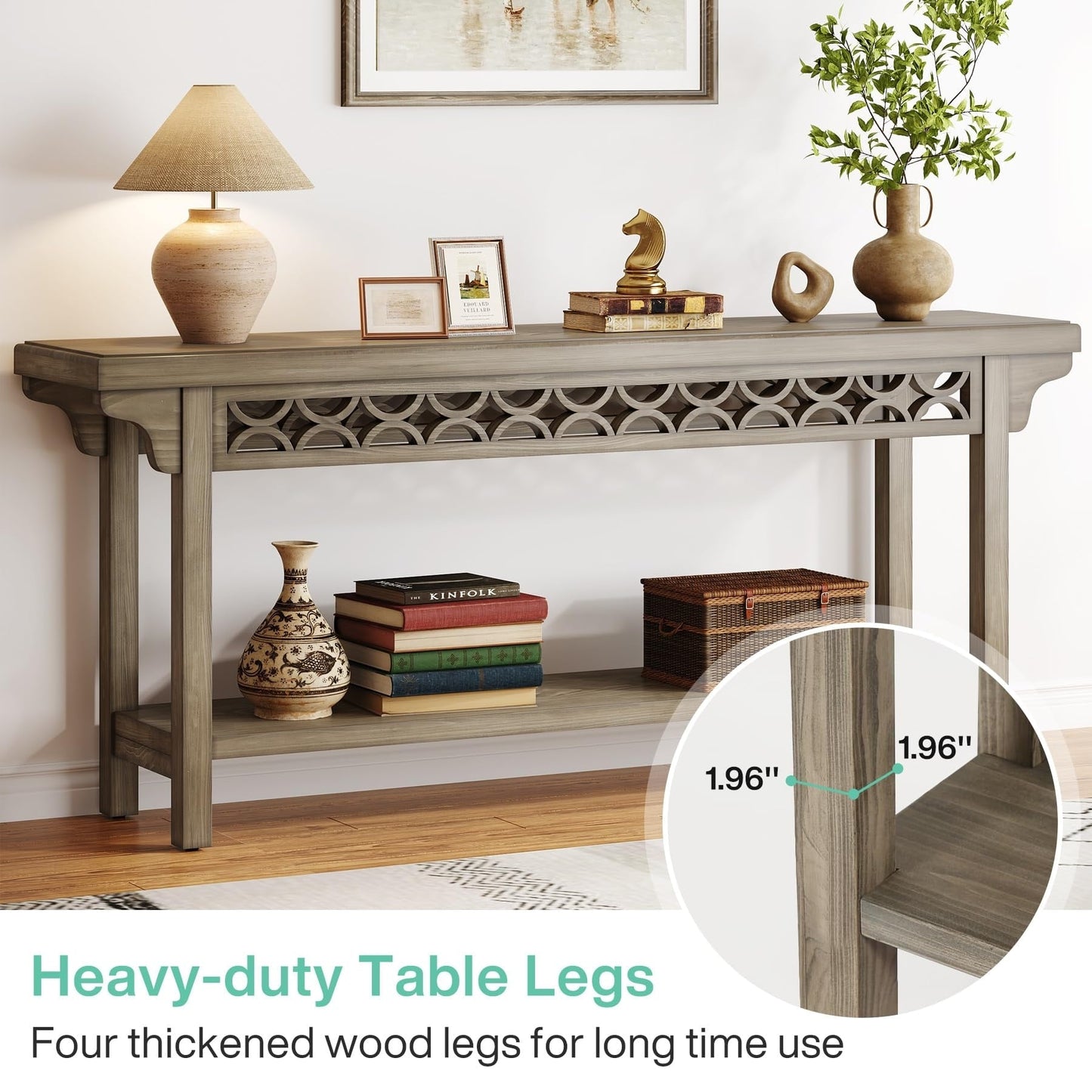 Table console longue de 179,5 cm en bois massif style farmhouse, à utiliser comme table de canapé.