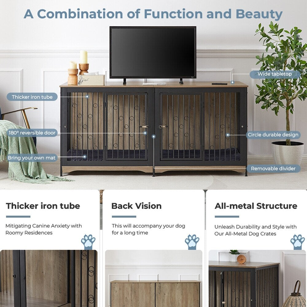 Cage pour chien 70.86'' en forme de meuble, grand modèle pour TV, avec coussin et deux compartiments (sans coussin)