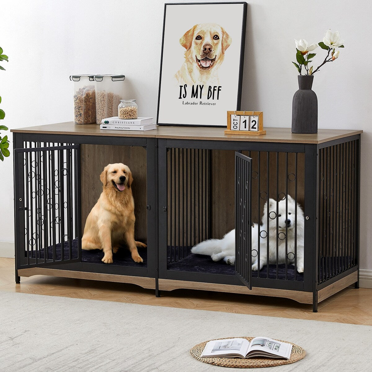 Cage pour chien 70.86'' en forme de meuble, grand modèle pour TV, avec coussin et deux compartiments (sans coussin)
