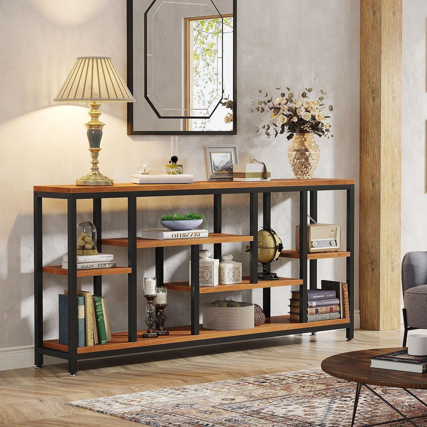 Table console de 180 cm avec rangement, table d'entrée à 3 niveaux pour couloir