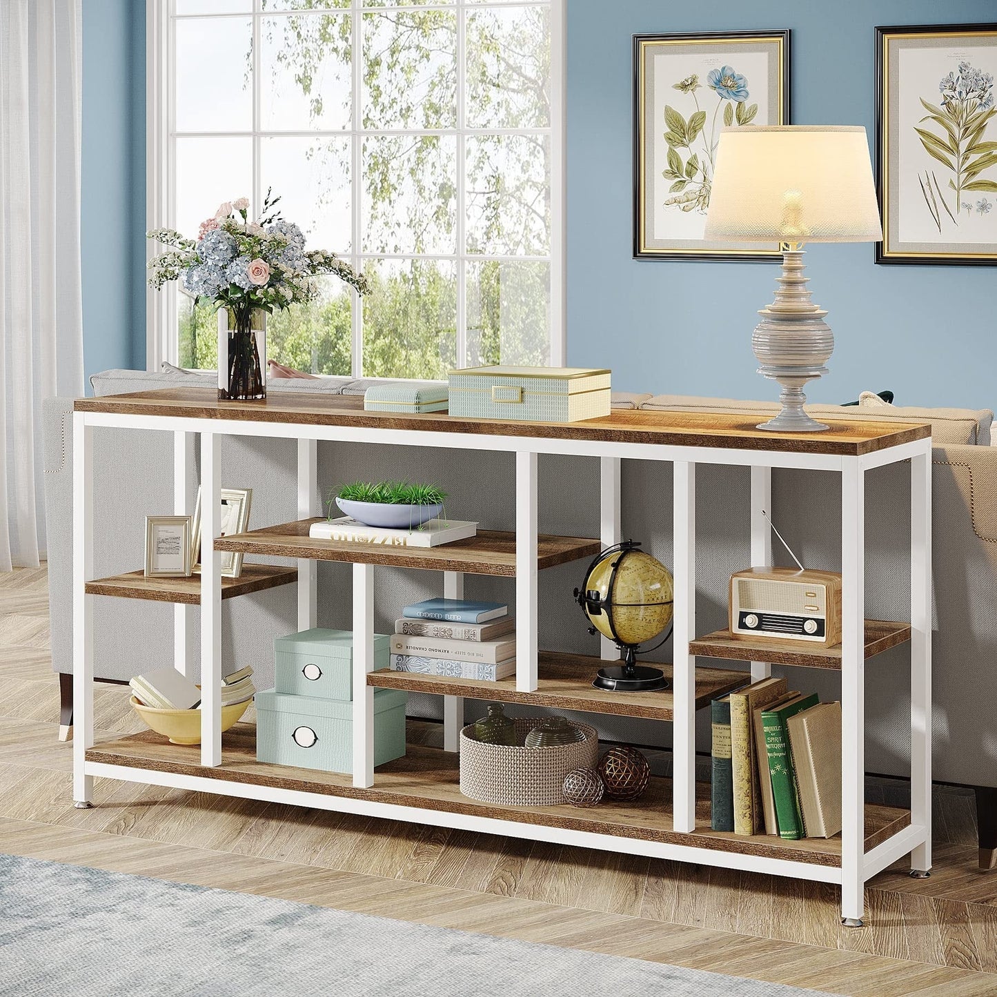 Table console de 180 cm avec rangement, table d'entrée à 3 niveaux pour couloir