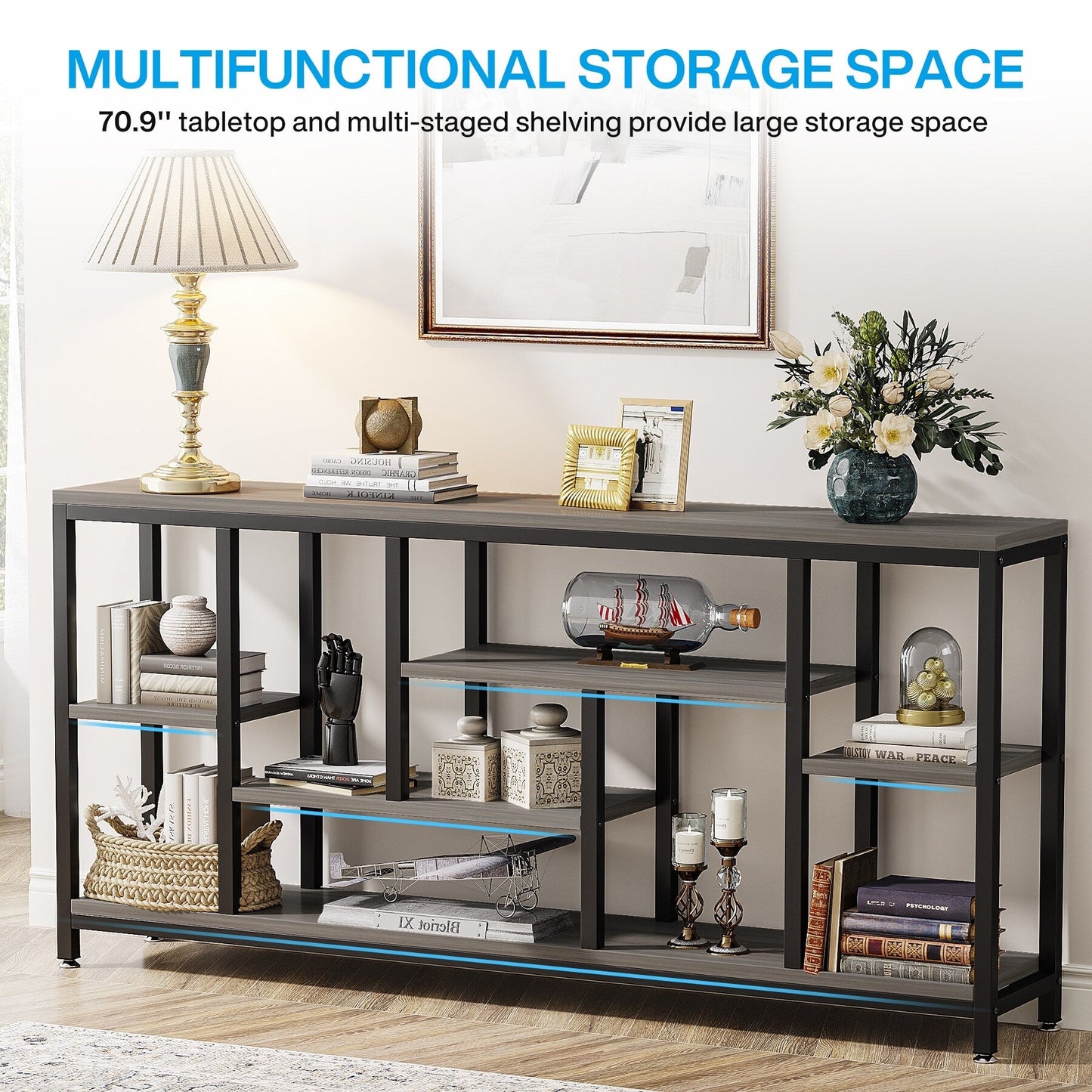 Table console de 180 cm avec rangement, table d'entrée à 3 niveaux pour couloir