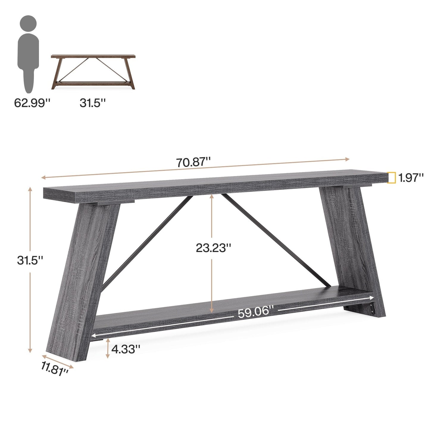 Table console de canapé en bois rustique de 180 cm de long avec étagère de rangement
