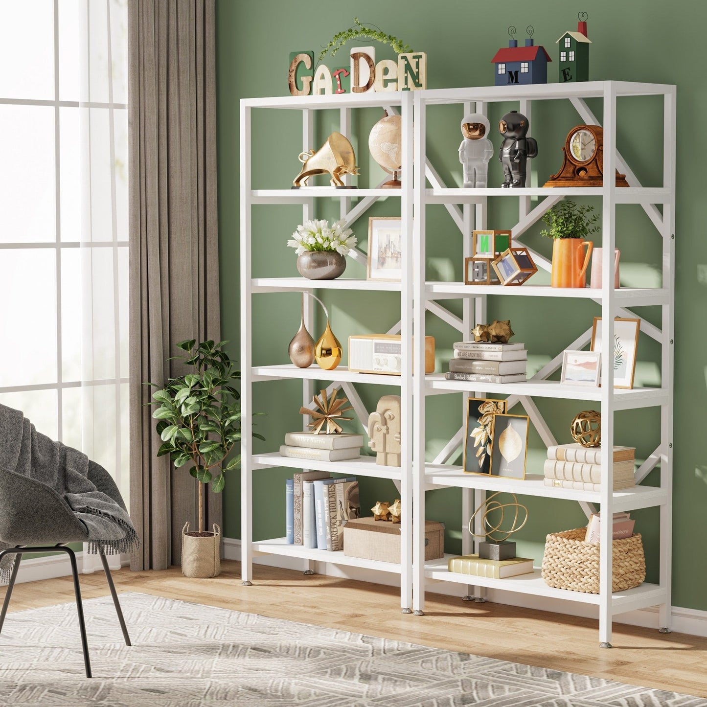 Étagère à livres industrielle de 71 pouces, bibliothèque en bois brun rustique à 6 niveaux, étagères ouvertes.