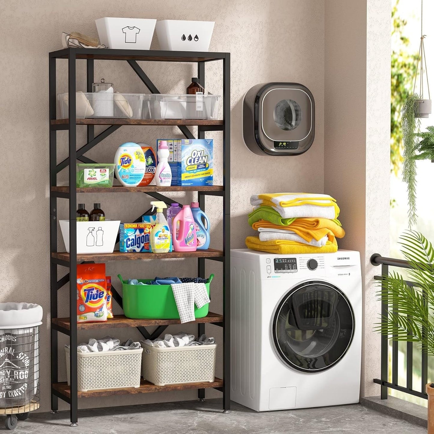 Étagère à livres industrielle de 71 pouces, bibliothèque en bois brun rustique à 6 niveaux, étagères ouvertes.