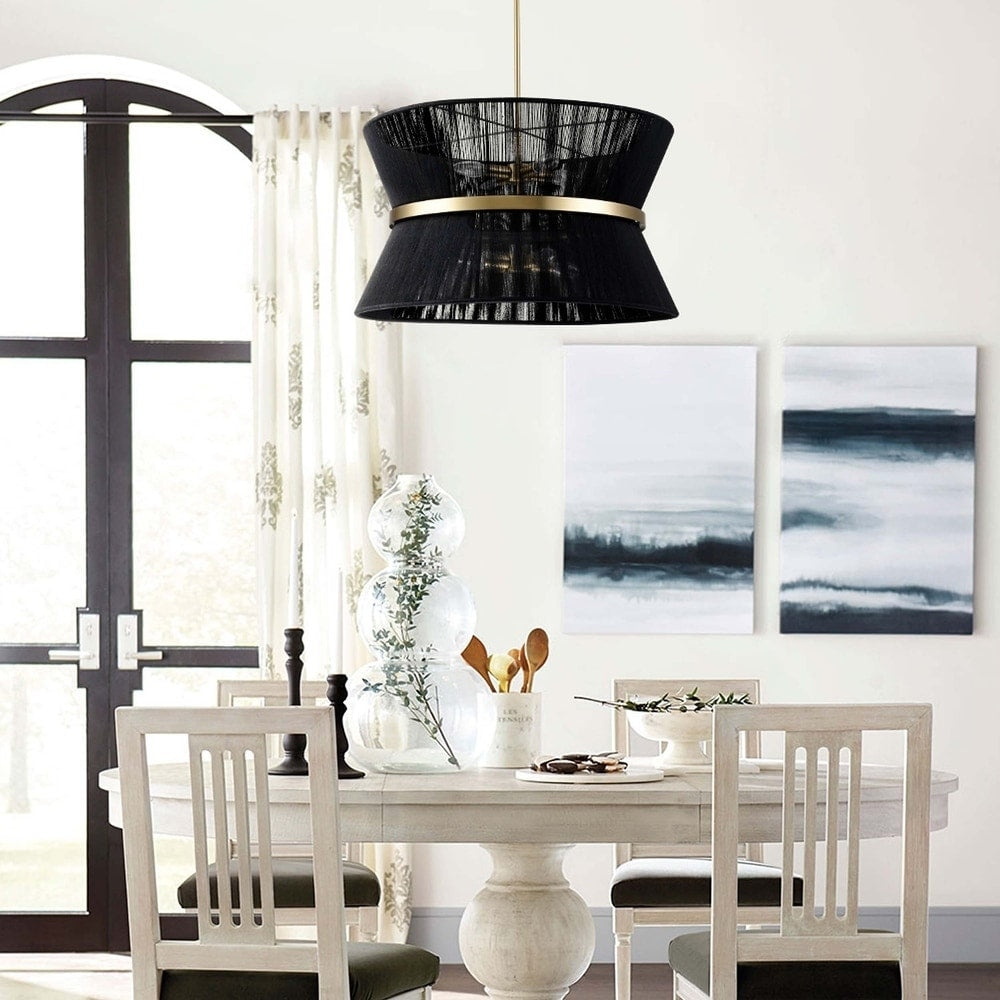 Grand lustre à tambour bohème moderne à 8 lumières, lustre en forme de sablier en tissu de 60 cm, tissé à la main, en or/noir, pour salle à manger/salon.