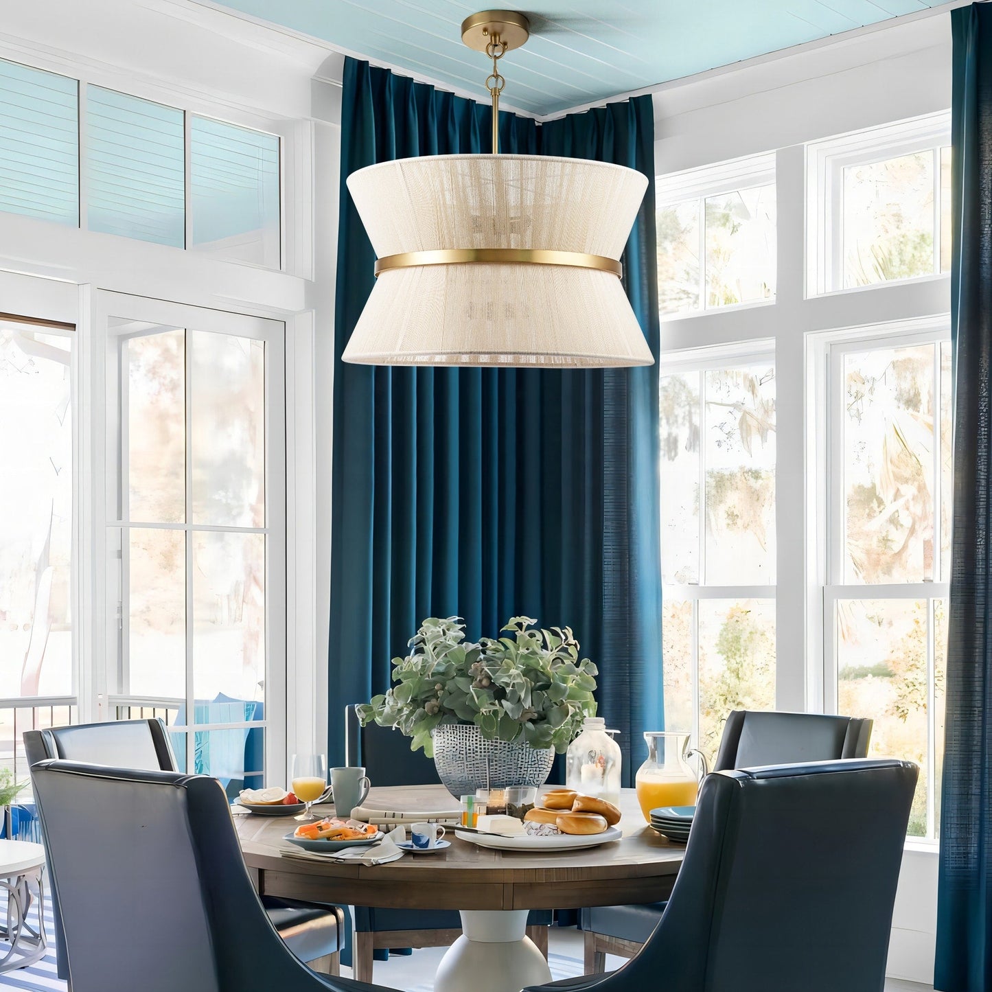 Grand lustre à tambour bohème moderne à 8 lumières, lustre en forme de sablier en tissu de 60 cm, tissé à la main, en or/noir, pour salle à manger/salon.