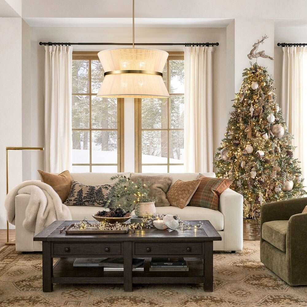 Grand lustre à tambour bohème moderne à 8 lumières, lustre en forme de sablier en tissu de 60 cm, tissé à la main, en or/noir, pour salle à manger/salon.