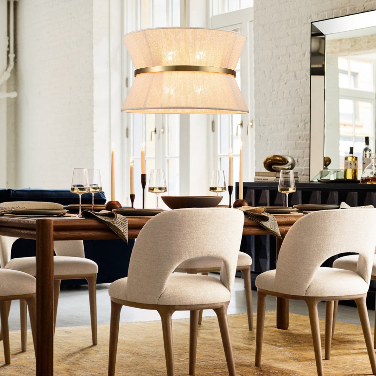 Grand lustre à tambour bohème moderne à 8 lumières, lustre en forme de sablier en tissu de 60 cm, tissé à la main, en or/noir, pour salle à manger/salon.