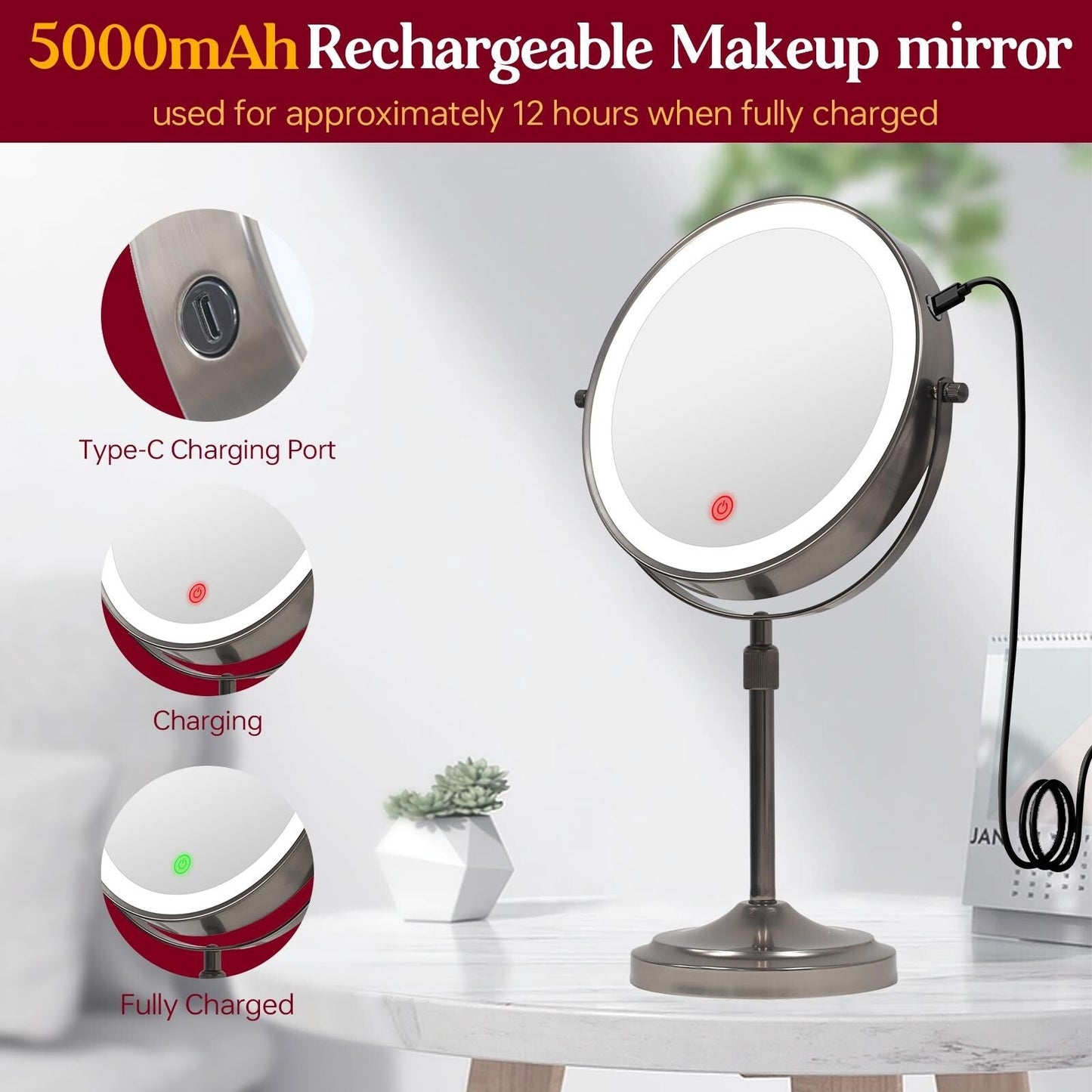 Miroir de maquillage à 9 lumières LED, miroir grossissant double face avec grossissement 1X/10X, 3 couleurs d'éclairage