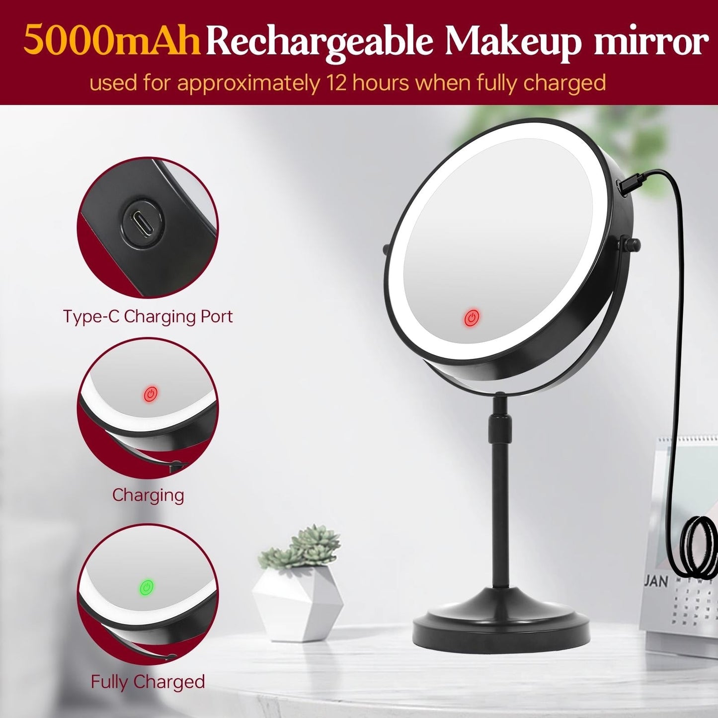Miroir de maquillage à 9 lumières LED, miroir grossissant double face avec grossissement 1X/10X, 3 couleurs d'éclairage